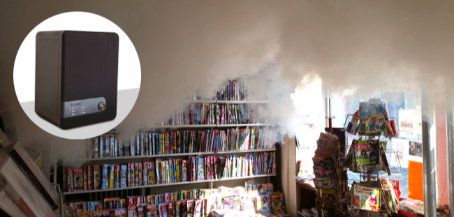 Brouillard opacifiant déclenché dans un magasin
